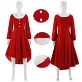 ACcosplay Women Christmas Dress Faux Warm Dress Long Sleeves Round Collar Red Dress
